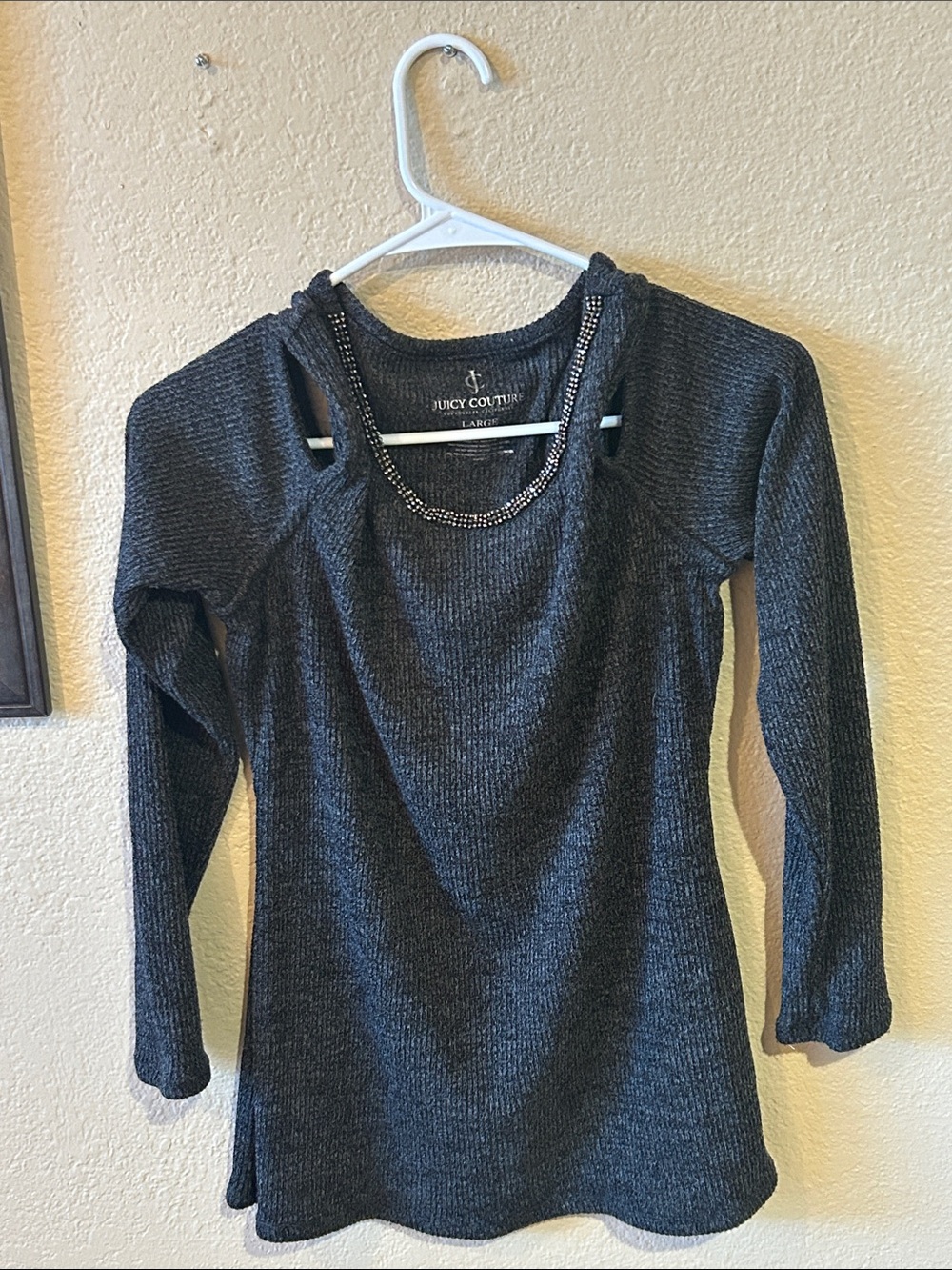 Juicy Couture Ribbed Cold Shoulder Rhinestone Sweater Top Gray Size Large